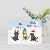 Kerstmis met drie Labradors en Sneeuwman Feestdagenkaart (Staand voorkant)