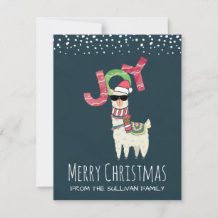 Kerstmis met een lama die een kerstmuts en een zon feestdagenkaart