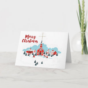 Kerstmis met een Rode Kerk en ster boven Feestdagen Kaart