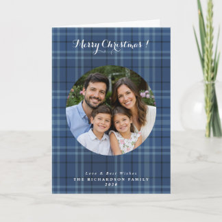 Kerstmis met eigen foto op een marineblauwe tartan kaart