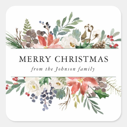 Kerstmis met kerstbes en bloemen vierkante sticker (Voorkant)