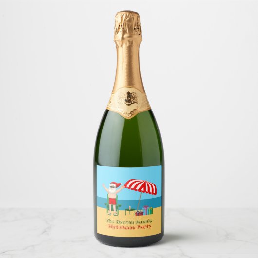 Kerstmis met kerstcadeau, kerstman, aangepast fees sparkling wijnetiket (Voorkant)