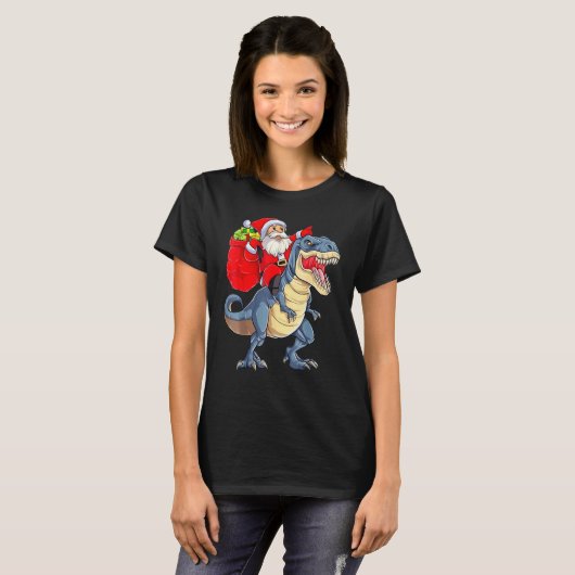 Kerstmis met kerstmis in Santa Riding Dinosaur Rex T-shirt (Voorkant volledig)