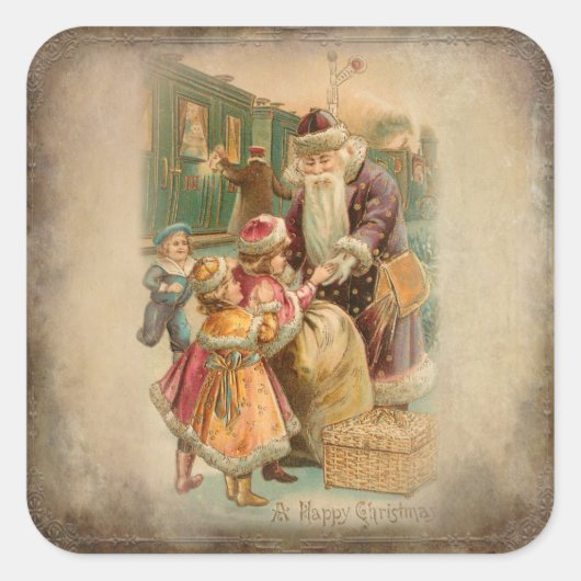 Kerstmis met kinderen op treinstation vierkante sticker (Voorkant)