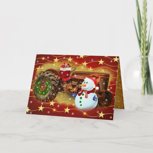 Kerstmis met oude rode landbouwtractor feestdagen kaart (Voorkant)