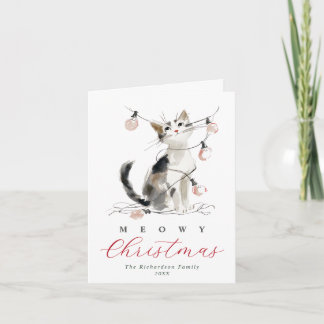 Kerstmis met poezen Waterverf Kat & Lichtjes Feestdagen Kaart