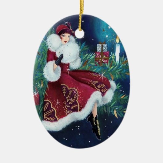 kerstmis met Retro Art Deco Woman Keramisch Ornament (Voorkant)