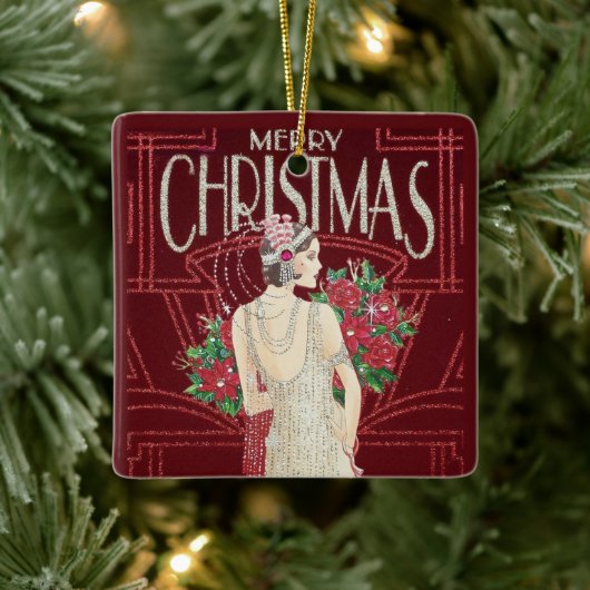  kerstmis met Retro Art Deco Woman Keramisch Ornament (Boom)