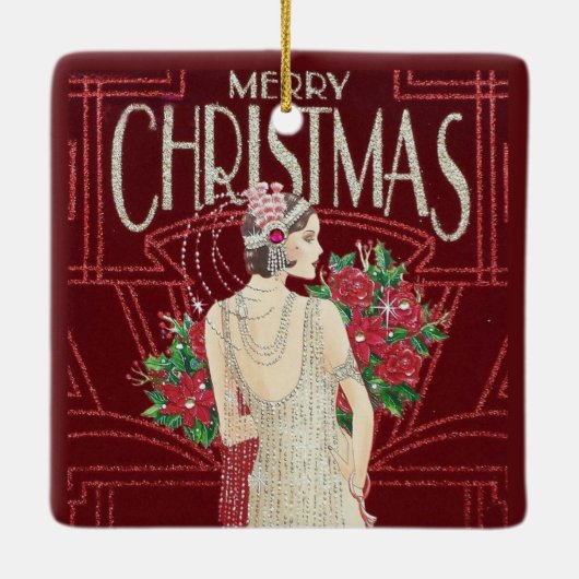  kerstmis met Retro Art Deco Woman Keramisch Ornament (Achterkant)