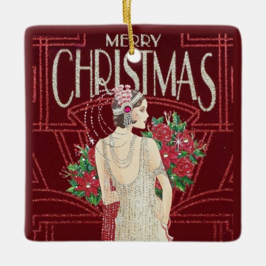 kerstmis met Retro Art Deco Woman Keramisch Ornament (Voorkant)