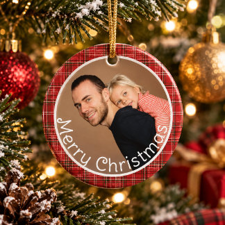 Kerstmis met rode geruite gingham familiefoto keramisch ornament