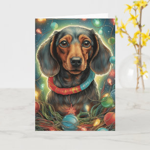 Kerstmis met teckel – Omwikkeld met kerstlichtjes Kaart