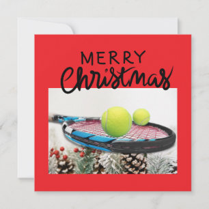 Kerstmis met tennisbal en racket feestdagenkaart