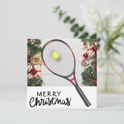 Kerstmis met tennisbal en racket feestdagenkaart (Staand voorkant)