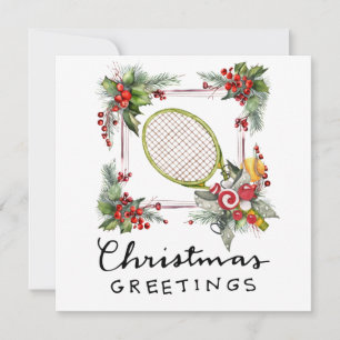 Kerstmis met tennisracket en kerstkrans feestdagenkaart