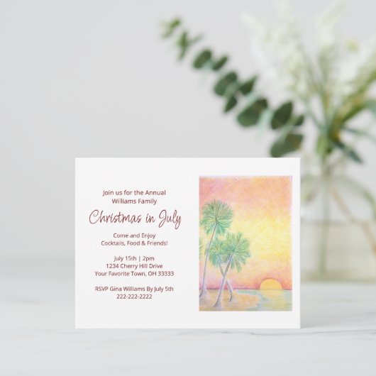 Kerstmis met tropisch strand in juli uitnodiging briefkaart (Staand voorkant)