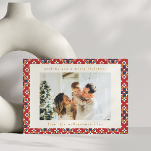 Kerstmis met vintage rode blauwe geometrische twee feestdagenkaart