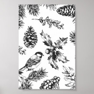 Kerstmis met Vintage Vogel en Denneappel Patroon Poster