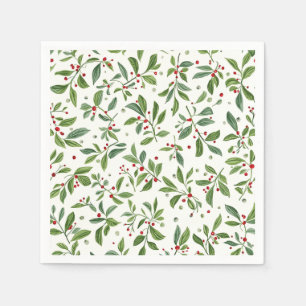 Kerstmis Mistletoe Rode Bes Wit Waterverf Servet