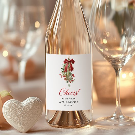 Kerstmis Mistletoe Rode Strik Bruidsdouche Wijn Etiket