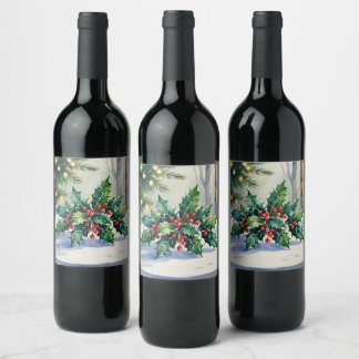 Kerstmis Mistletoe Vakantie Waterverf Wijn Etiket