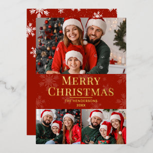 Kerstmis Moderne Tekst Rode Familie 3 Foto Folie Feestdagenkaart