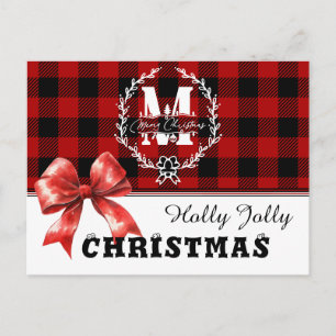 Kerstmis Monogram Krans Buffalo Plaid Feestdagenkaart