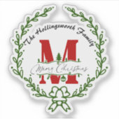 Kerstmis Monogram Krans Vinyl Sticker (Voorkant)