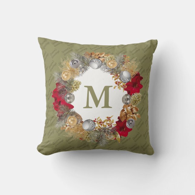 Kerstmis: MONOGRAM Olive Green Kussen (Voorkant)