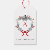 Kerstmis Monogram Red Bow Winter Bird Cadeaulabel (Voorkant)