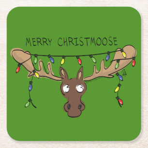 Kerstmis Moose Cute Funny Christmoose Vierkante Kartonnen Onderzetter