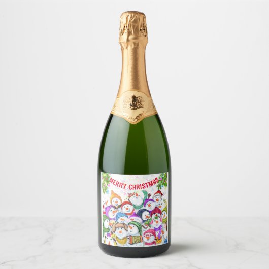 Kerstmis Mousserende Wijn Label Snowman Party Grap Sparkling Wijnetiket (Voorkant)