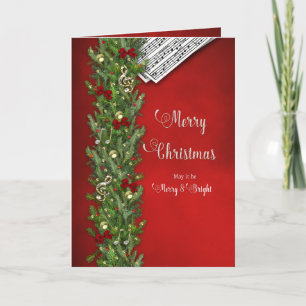 Kerstmis, Muzieknoten, rood, pine tak, glanzend Kaart