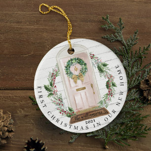 Kerstmis Nieuwe roze startdeur Waterverf foto Keramisch Ornament