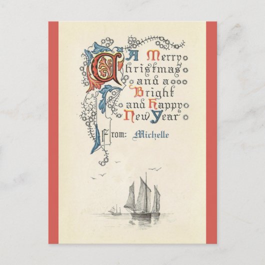 Kerstmis, nieuwjaar, boot, briefkaart (Voorkant)