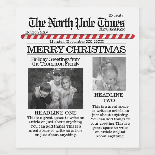 Kerstmis Noord-Pole Times Newspaper Fun Wijn Etiket (Enkel label)