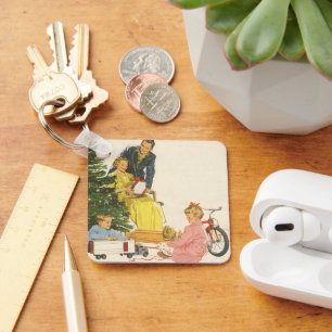 Kerstmis ochtend in vintage stijl, familie die cad sleutelhanger
