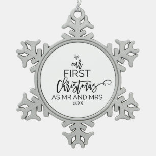 Kerstmis Onze eerste Kerstmis als Mr en Mrs. Tin Sneeuwvlok Ornament