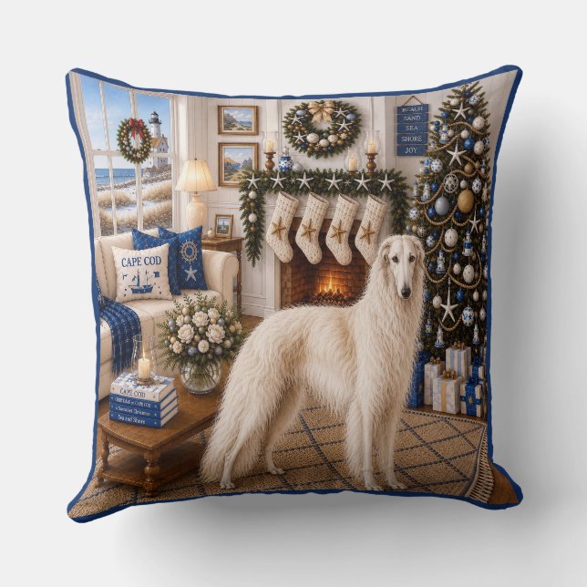 Kerstmis op Cape Cod ,Borzoi  Kussen (Achterkant)