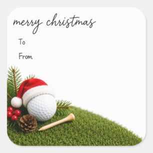 Kerstmis op de golfbaan met golfbal in kerstmuts o vierkante sticker