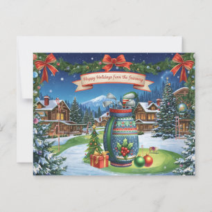 Kerstmis op de golfbaan met golftas op het gras briefkaart