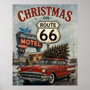 Kerstmis op Route 66 Vintage Auto Blue Swallow Poster