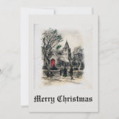Kerstmis Oudmodieus Kerk Zwart Wit Feestdagenkaart (Voorkant)
