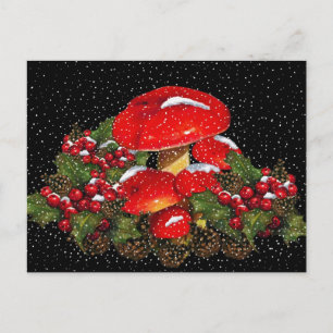 Kerstmis Paddestoel, Paddestoelen, Sneeuw, Holly Feestdagenkaart