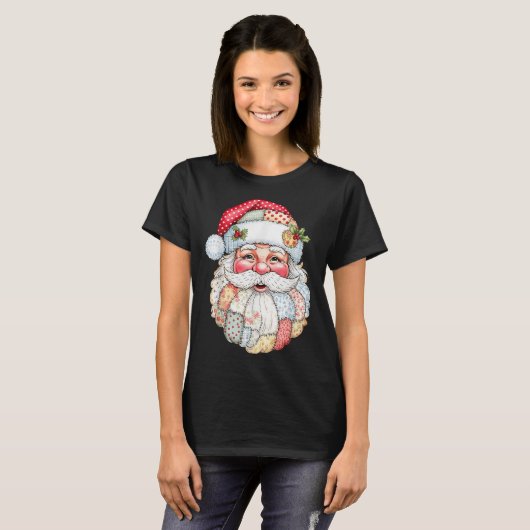 Kerstmis Patchwork Kerstman Gezicht X-mas H T-shirt (Voorkant volledig)