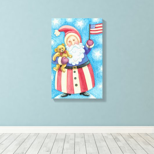 Kerstmis, patriottische kerstman met vlag canvas afdruk (Insitu (Houten vloer))