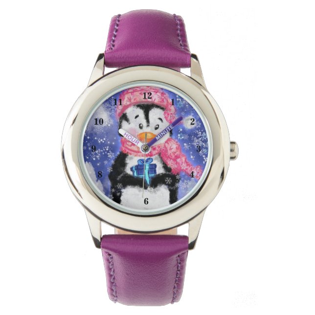 Kerstmis Pinguïn met Gift Watch Horloge (Voorkant)