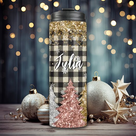 Kerstmis plaid en glitter naam thermosbeker