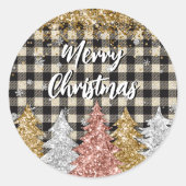 Kerstmis pllaid en glitter Vrolijk Kerstfeest Ronde Sticker (Voorkant)