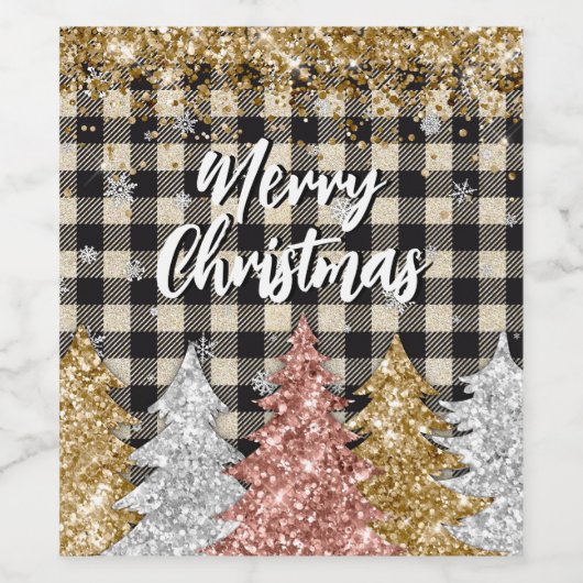 Kerstmis pllaid en glitter Vrolijk Kerstfeest Wijn Etiket (Enkel label)